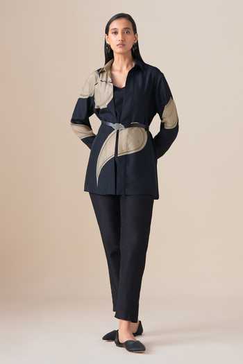 Shop_Ampm_Black Silk Buckles Collared, V-neck Arin Filigree Pattern Shirt 