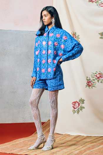 Buy_Pooja Rajgarhia Gupta_Blue Georgette Collared Elba Floral Pattern Top 