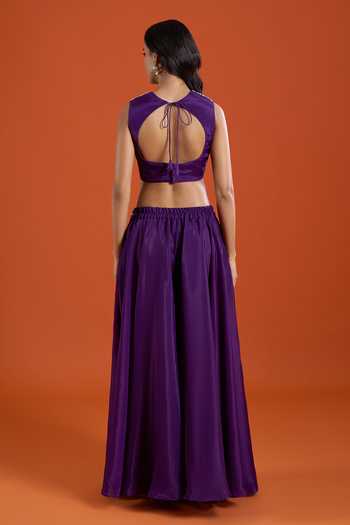 Shop Samyukta Singhania Purple Crepe Embroidery Round Neck Beads Cape Sharara Set Shop_Samyukta Singhania_Purple Crepe Embroidery Round Neck Beads Cape Sharara Set