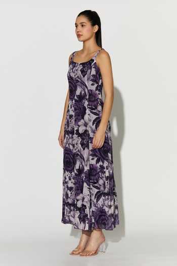 Shop_Koai_White Georgette Square Neck Purple Floral Print Dress _Online_at_Aza_Fashions