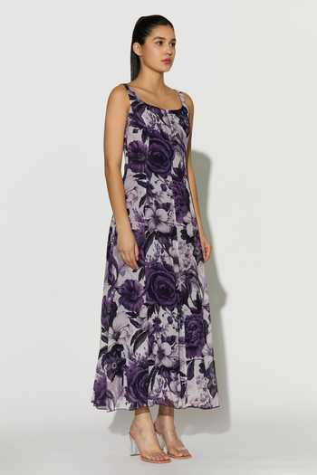 Koai_White Georgette Square Neck Purple Floral Print Dress _at_Aza_Fashions
