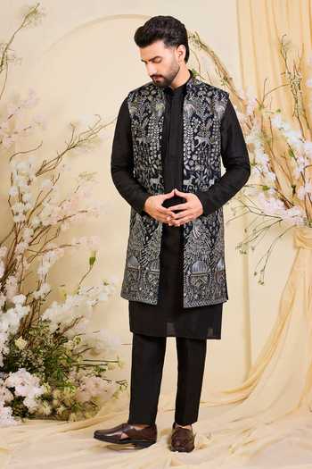 Shop_Kasbah_Blue Georgette Embroidered Longline Nehru Jacket _Online_at_Aza_Fashions