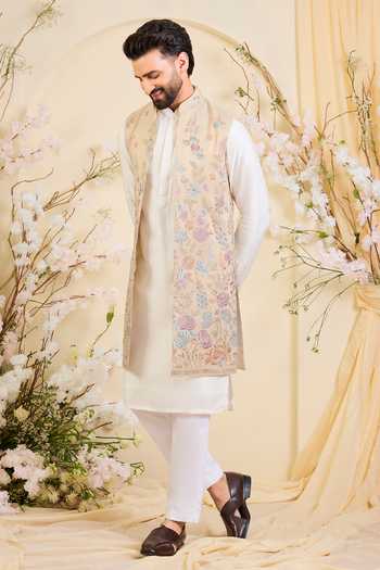 Shop_Kasbah_Gold Tissue Embroidered Nehru Jacket _Online_at_Aza_Fashions