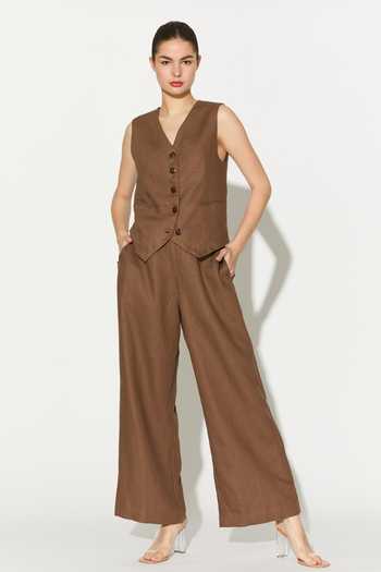 Koai_Brown Linen V-neck Waistcoat _at_Aza_Fashions