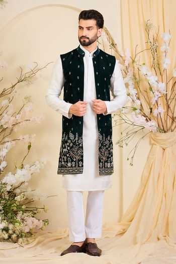 Shop_Kasbah_Green Velvet Embroidered Long Nehru Jacket _Online_at_Aza_Fashions