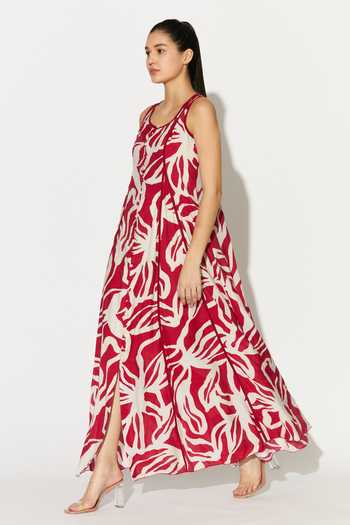 Buy_Koai_White Silk, Cotton, Muslin Scoop Neck Abstract Print Dress 