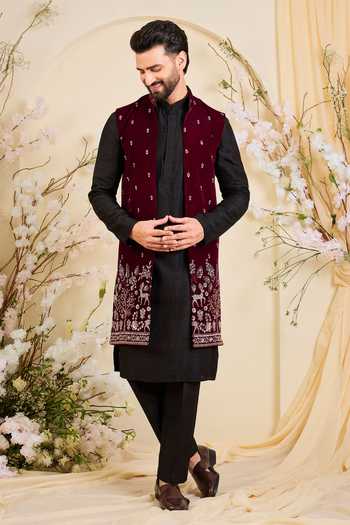 Shop_Kasbah_Maroon Velvet Embroidered Nehru Jacket _Online_at_Aza_Fashions