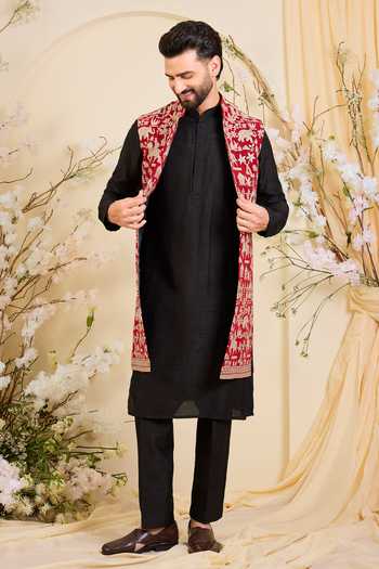 Shop_Kasbah_Red Georgette Embroidered Nehru Jacket _Online_at_Aza_Fashions