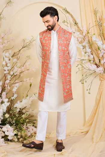 Shop_Kasbah_Orange Georgette Embroidered Sequin Zari Nehru Jacket _Online_at_Aza_Fashions