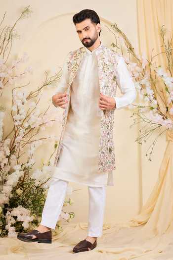 Shop_Kasbah_White Georgette Floral Pattern Nehru Jacket _Online_at_Aza_Fashions