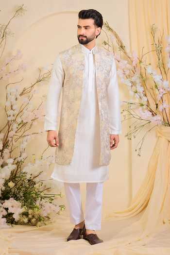Buy_Kasbah_Beige Silk Flora And Fauna Embroidered Nehru Jacket _Online_at_Aza_Fashions