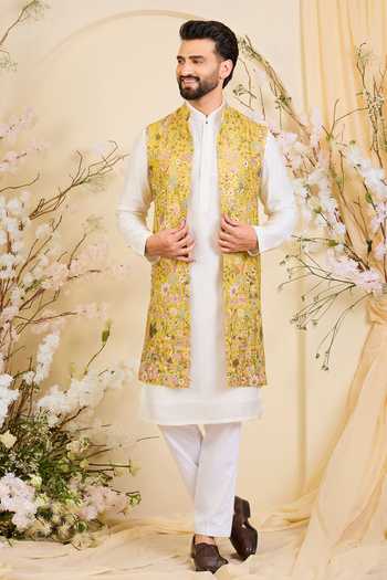 Shop_Kasbah_Yellow Georgette Sequin Floral Nehru Jacket _Online_at_Aza_Fashions