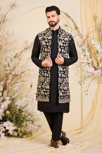 Shop_Kasbah_Black Georgette Mughal Motif Embroidered Nehru Jacket _Online_at_Aza_Fashions