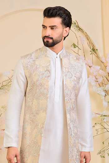 Shop_Kasbah_Beige Silk Flora And Fauna Embroidered Nehru Jacket _Online_at_Aza_Fashions