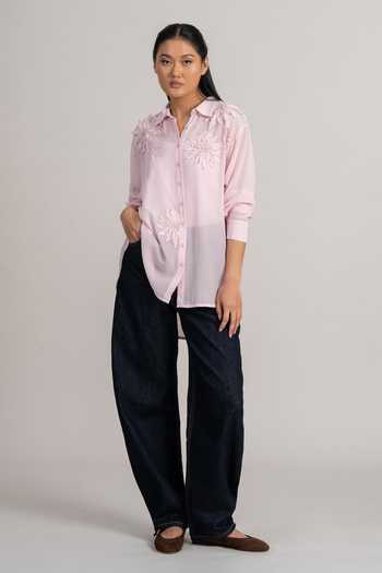 Buy_Namrata Joshipura_Pink Georgette Collared Floral Applique Shirt 