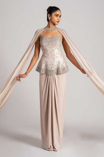 Shop_Namrata Joshipura_Gold Crepe Sequins, Stones, Crystals Sweetheart Neck, Shimmer Corset Skirt Set 