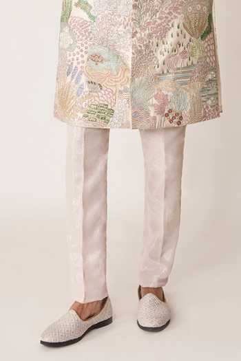 Aisha Rao_Ivory Silk, Lurex Fougere Applique Sherwani And Kurta Set _Online_at_Aza_Fashions
