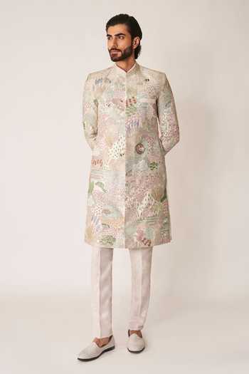 Buy_Aisha Rao_Ivory Silk, Lurex Fougere Applique Sherwani And Kurta Set _Online_at_Aza_Fashions