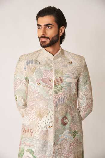 Shop_Aisha Rao_Ivory Silk, Lurex Fougere Applique Sherwani And Kurta Set _Online_at_Aza_Fashions