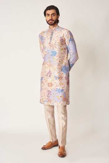 Aisha Rao_Blue Chanderi Silk Blanchard Kurta Set _Online_at_Aza_Fashions