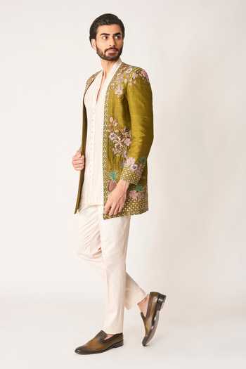 Buy_Aisha Rao_Olive Green Silk, Cotton, Lycra, Cypres Embroidered Open Jacket And Kurta Set _Online_at_Aza_Fashions
