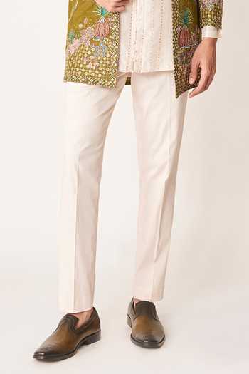 Shop_Aisha Rao_Olive Green Silk, Cotton, Lycra, Cypres Embroidered Open Jacket And Kurta Set _Online_at_Aza_Fashions