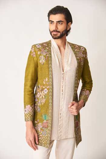 Aisha Rao_Olive Green Silk, Cotton, Lycra, Cypres Embroidered Open Jacket And Kurta Set _at_Aza_Fashions