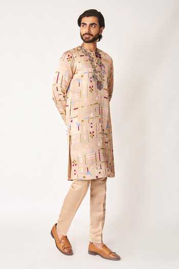 Shop_Aisha Rao_Peach Satin, Linen, Viscose Soline Printed Kurta And Pant Set _Online_at_Aza_Fashions
