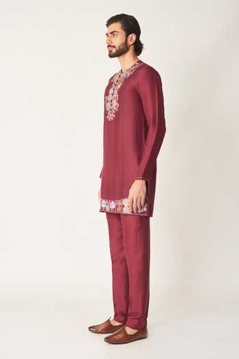 Aisha Rao_Wine Dupion, Silk Rubia Applique Embellished Kurta Set _Online_at_Aza_Fashions