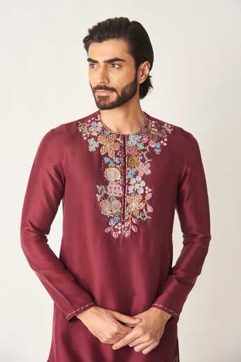 Buy_Aisha Rao_Wine Dupion, Silk Rubia Applique Embellished Kurta Set _Online_at_Aza_Fashions