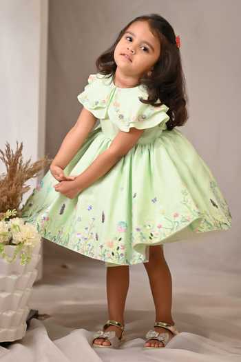 arani label_Green Organza, Viscose, Satin Gardenia Embroidered Dress _at_Aza_Fashions