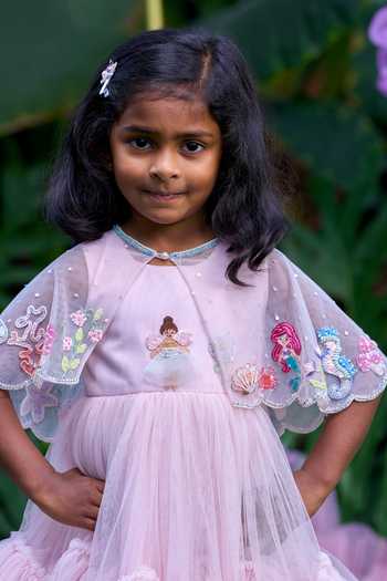Buy_arani label_Pink Net Mermaid Embroidered Cape Dress Set _Online_at_Aza_Fashions