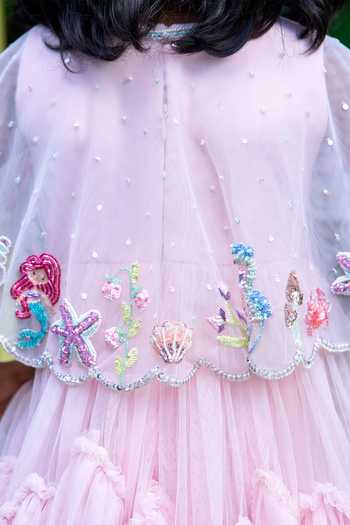 Shop_arani label_Pink Net Mermaid Embroidered Cape Dress Set _Online_at_Aza_Fashions