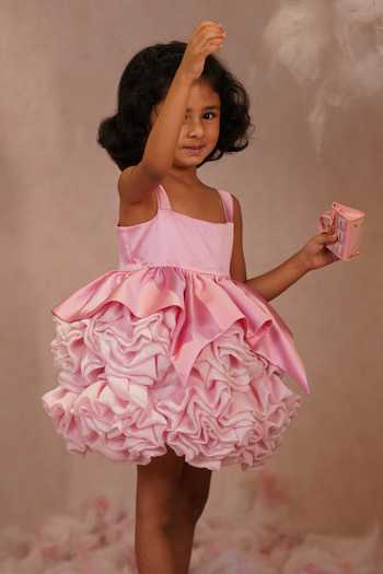 arani label_Pink Organza, Satin, Viscose, Lycra Peony Dress _at_Aza_Fashions