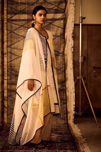 Shop_Banana Labs_Beige Cotton, Denim Round Neck, Yes Printed Kurta And Pant Set _Online_at_Aza_Fashions