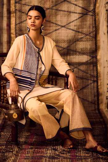 Shop_Banana Labs_Beige Cotton, Denim Round Neck, Yes Printed Kurta And Pant Set 