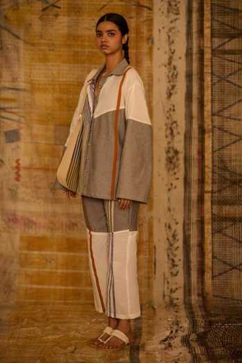 Banana Labs_Blue Cotton, Denim Button-down Neck Striped Print Shirt And Pant Set _Online_at_Aza_Fashions