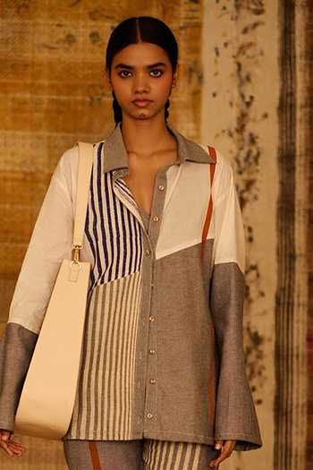 Shop_Banana Labs_Blue Cotton, Denim Button-down Neck Striped Print Shirt And Pant Set _Online_at_Aza_Fashions