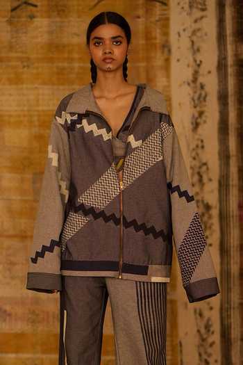 Buy_BANANA labs_Blue Denim Hand Block Print Jacket And Pant Set _Online_at_Aza_Fashions