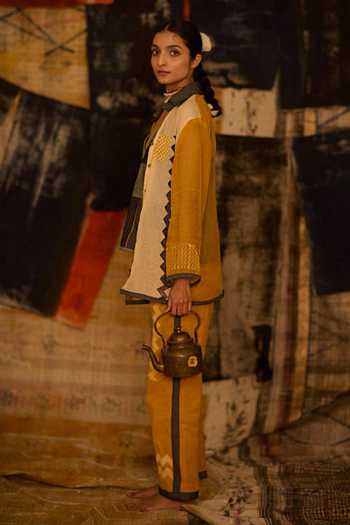 Banana Labs_Yellow Cotton, Kota Doria, Denim Stripe Hand Block Print Shirt And Pant Set _Online_at_Aza_Fashions