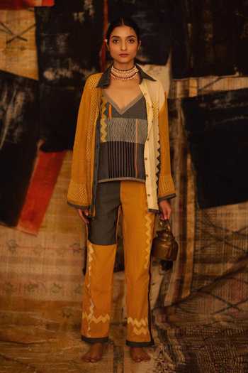 Buy_Banana Labs_Yellow Cotton, Kota Doria, Denim Stripe Hand Block Print Shirt And Pant Set _Online_at_Aza_Fashions