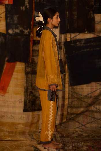 Shop_Banana Labs_Yellow Cotton, Kota Doria, Denim Stripe Hand Block Print Shirt And Pant Set _Online_at_Aza_Fashions