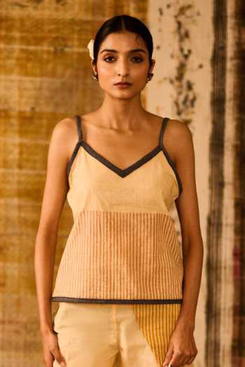 Banana Labs_Beige Cotton, Denim V-neck Striped Pattern Top And Pant Set _Online_at_Aza_Fashions