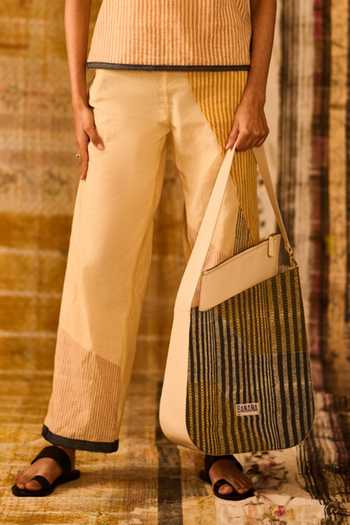 Buy_Banana Labs_Beige Cotton, Denim V-neck Striped Pattern Top And Pant Set _Online_at_Aza_Fashions