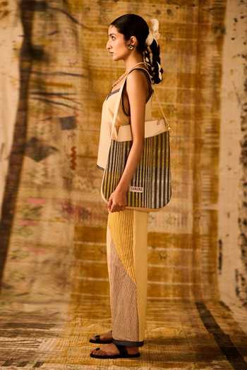 Shop_Banana Labs_Beige Cotton, Denim V-neck Striped Pattern Top And Pant Set _Online_at_Aza_Fashions