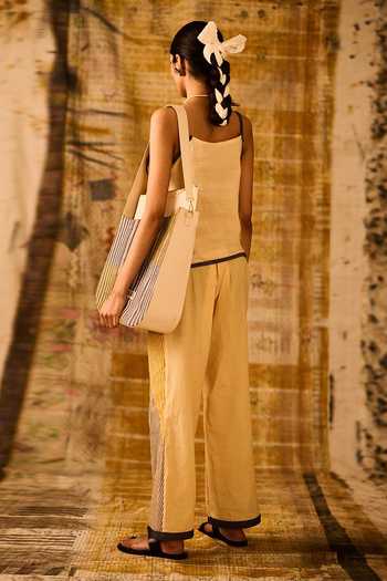 Banana Labs_Beige Cotton, Denim V-neck Striped Pattern Top And Pant Set _at_Aza_Fashions