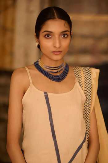 Banana Labs_Beige Cotton, Denim, Kota Doria Round Neck Printed Kurta And Pant Set _Online_at_Aza_Fashions