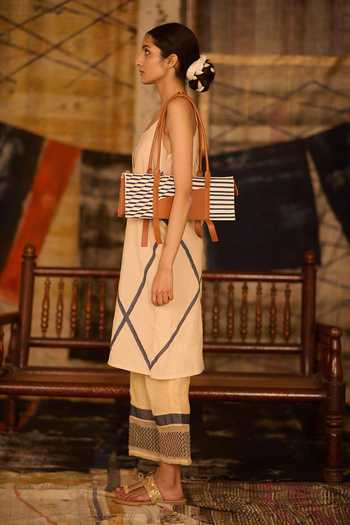 Buy_Banana Labs_Beige Cotton, Denim, Kota Doria Round Neck Printed Kurta And Pant Set _Online_at_Aza_Fashions