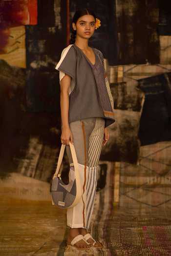 Shop_Banana Labs_Blue Cotton, Denim V-neck Striped Print Kaftan And Pant Set _Online_at_Aza_Fashions