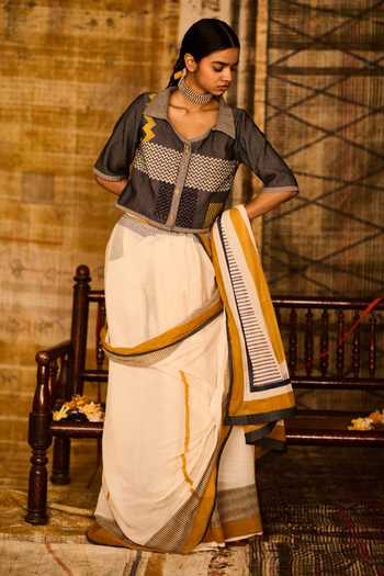 Shop_Banana Labs_Off White Cotton, Denim V-neck Hand Block Print Saree With Blouse _Online_at_Aza_Fashions